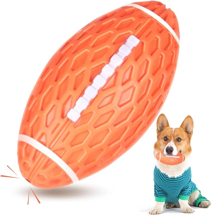 AUSCAT Squeaky Dog Football Toys, Durable Rubber Dog Ball for Medium and Large Dogs, Orange, 3.1" L x 5.5" W x 3.1" H