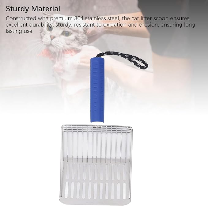 Cat Litter Scoop, Removable Handle Cat Litter Sifter, Stainless Steel Fast Filtration Cat Litter Shovel for Kitten Cat Dog Poop (Blue)