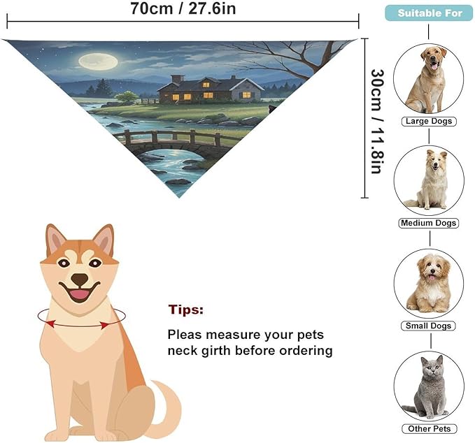 Dog Bandana Spring Pet Scarf Adjustable Triangle Full Moon Bridge Black Cat Printing Dog Bib Washable Polyester Puppy Bandana for Small Medium Large Dogs Cat Birthday Party Supplies
