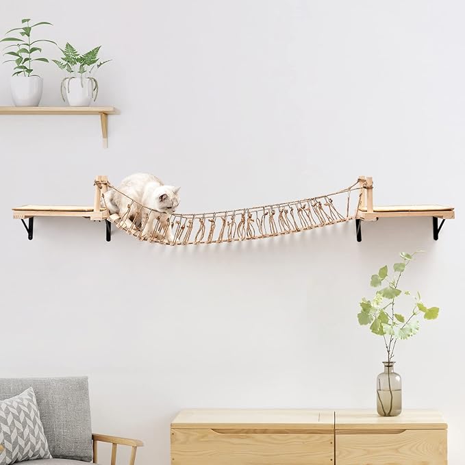 A.FATI Wall-Mounted Cat Roped Bridge Long for Indoor Cats, Cat Wall Shelves for Sleeping, Playing, Climbing, Wooden Cats Bed and Perches with Sisal Scratch Mat