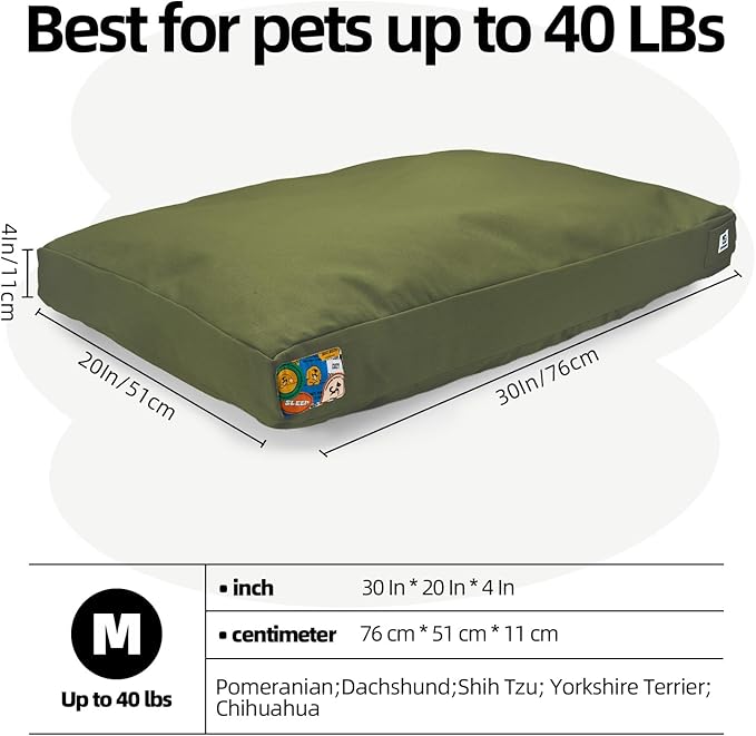 Sytopia 30 Inch Canvas Outdoor Dog Bed for Medium Dogs, Waterproof Washable Removable Cover, Indoor Patio Pet Pad for Crate, Green