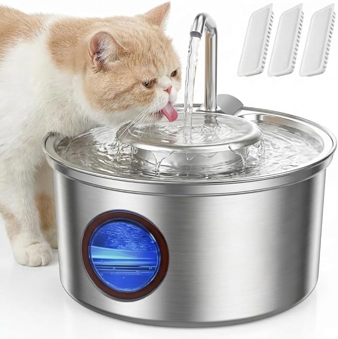 Cat Water Fountain Stainless Steel - 108oz/3.2L Ultra-Quiet Cat Fountain for Drinking with Removable Water Bowl, Kitty Spout Fountain with 3 Filters Supplies for Cats, Small Dogs, Multiple Pets