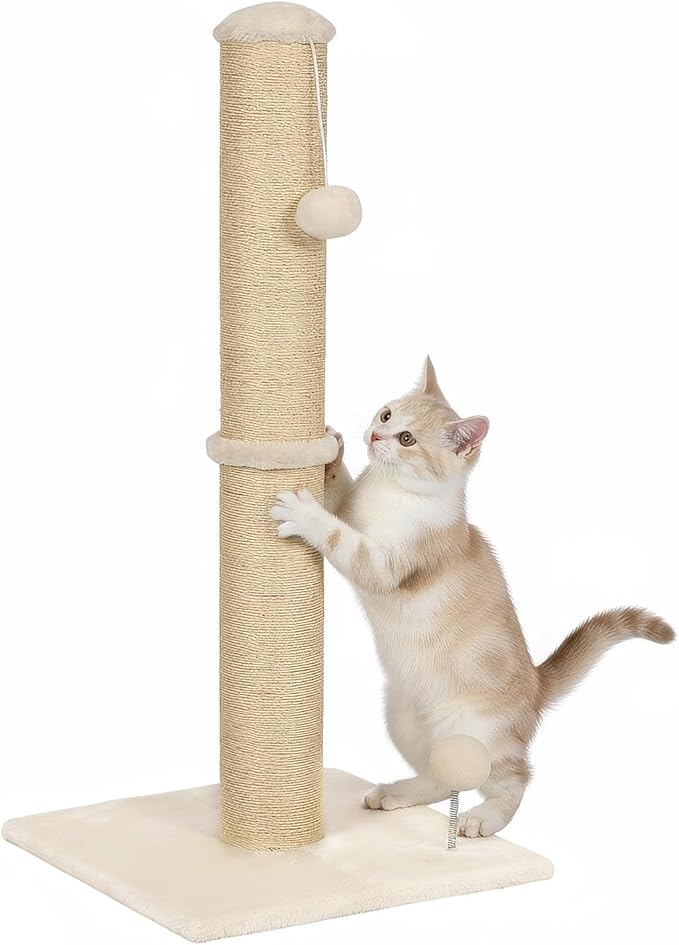 Cat Scratching Post 33-Inch Cat Scratching Post Natural Sisal Rope Mounting Methods Scratcher Tree Tower with Stable Base and Hanging Toy Balls for Indoor Cats and Kittens