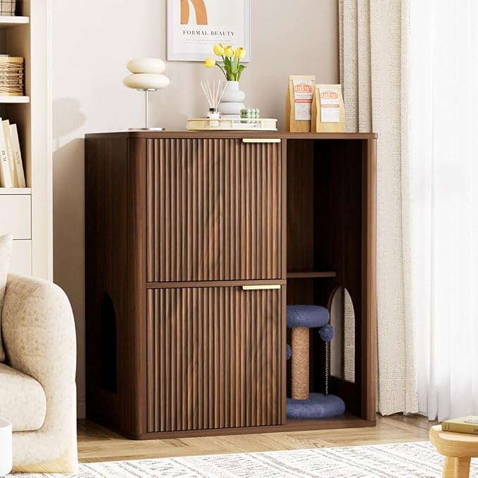 Cat Litter Box Enclosure Furniture, 2 Storey Hidden Litter Box Cabinet with Scratching Post & Storage Shelf, Fluted Modern Litter Box Enclosure for Living Room, Bedroom,Walnut