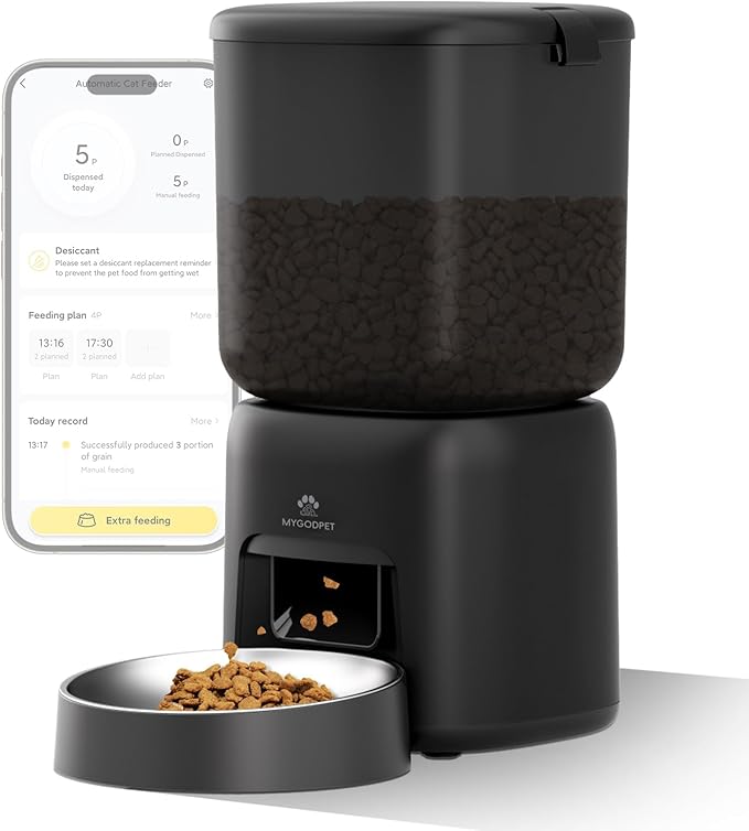 Automatic Cat Feeder, 5G WiFi Auto Cat Food Dispenser with Desiccant Bag, 5L Timed Pet Feeder with Free APP Service, Adjustable Portions Down to 1/12 Cup, Up to 10 Meals Per Day, Dual Power Supply