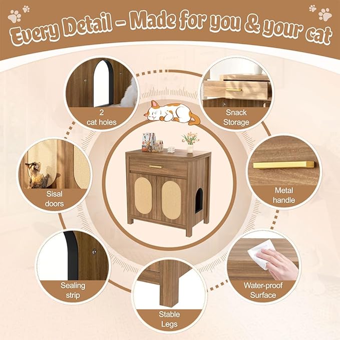 Cat Litter Box Enclosure Furniture, Hidden Litter Box Cabinet Cat House Side Table with Drawer & Sisal Scratch Pads, Wooden Pet Furniture for Living Room, Bedroom,Brown