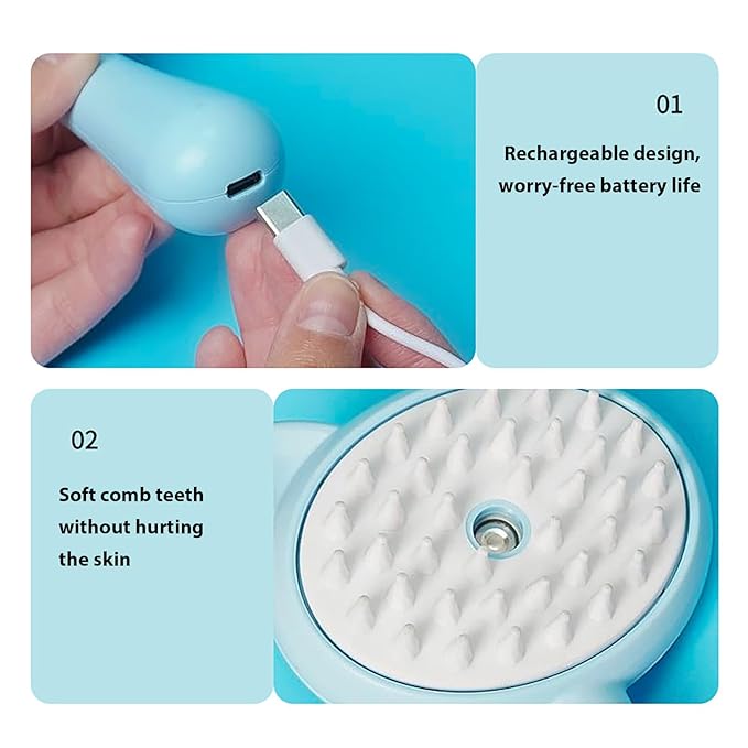 Pet Grooming Brush, Spray Massage Comb for Pets and Cats, Electric USB Brush for Cat Shedding, One Touch Electric Spray Anti-Flying Hair Bath & Shower Cleaning (A)