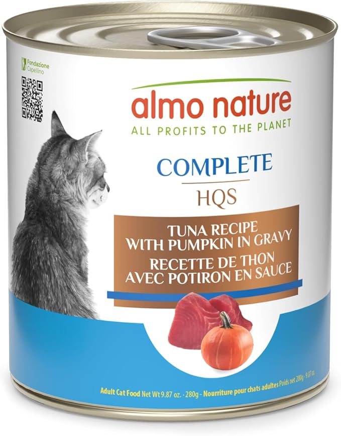 almo nature HQS Complete CAT Wet Cat Food Tuna Recipe with Pumpkin in Gravy - Grain-Free Cat Food Canned, 9.87 oz (Pack of 24)