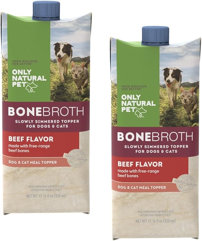 Only Natural Pet Bone Broth Beef Flavor Dog & Cat Meal Topper, 100% Human-Grade Slow-Simmered, Free-Range for Dry Food or to Hydrate Dehydrated Food - (2-Pack / 11.16 oz Each)