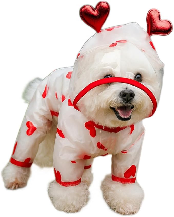 Waterproof Dog Raincoat,Full Coverage 4 Legs Dog Rain Jacket for Small Dogs,Pet Rain Coat with Hood,Reflective Strips&Leash Hole Outdoor Raincoat (Small（for Weight 3.3-5 lb）, Heart)