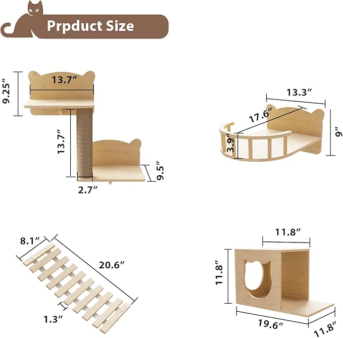LEMBERI Cat Wall Shelves, Wooden Feline Furniture, 9 Pcs Set Wall Mounted Cat Shelves with Bed, House, Steps, Bridge Ladder and Scratching Post for Indoor Climbing, Sleeping, Playing