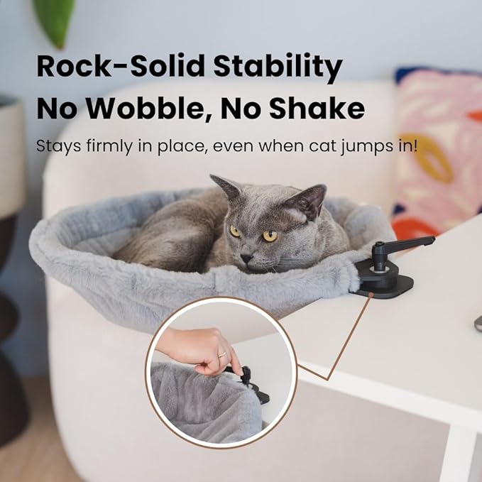 Cat Desk Bed – 180° Rotating & Adjustable Cat Hammock, 2 Washable Covers, Supports 40 lbs, Non-Slip Clamp, Soft Faux Fur, Space-Saving Design for Home Office, Remote Workers, Gamers