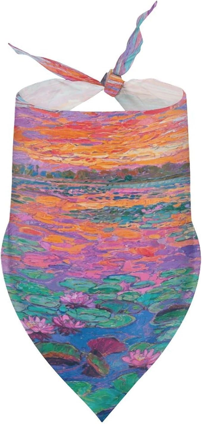 Dog Bandana Spring Pet Scarf Adjustable Triangle Monet Waterlily Printing Dog Bib Washable Polyester Puppy Bandana for Small Medium Large Dogs Cat Birthday Party Supplies