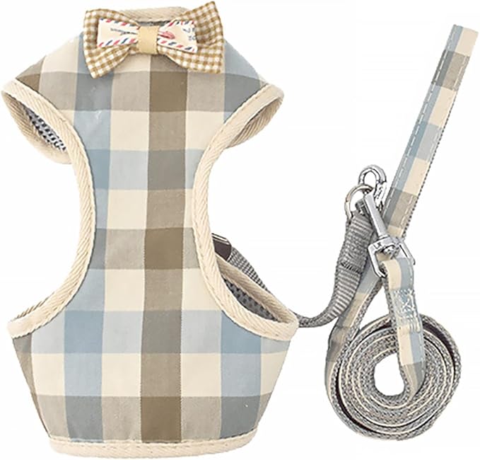 Dog Vest Harness and Puppy Leash Soft Mesh Breathable Medium Size Blue-White-Grey Plaid for Small Dogs and Cats Walking Training Pet Supply