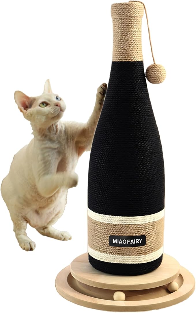 Cat Scratching Post, Premium Cat Scratching Board, Sisal Fiber Cat Scratcher-24.8 Inches with Hanging Ball, Red Wine Bottle Simple Design-Suitable Indoor Small and Medium Cats (24.8 in, Wooden Base)
