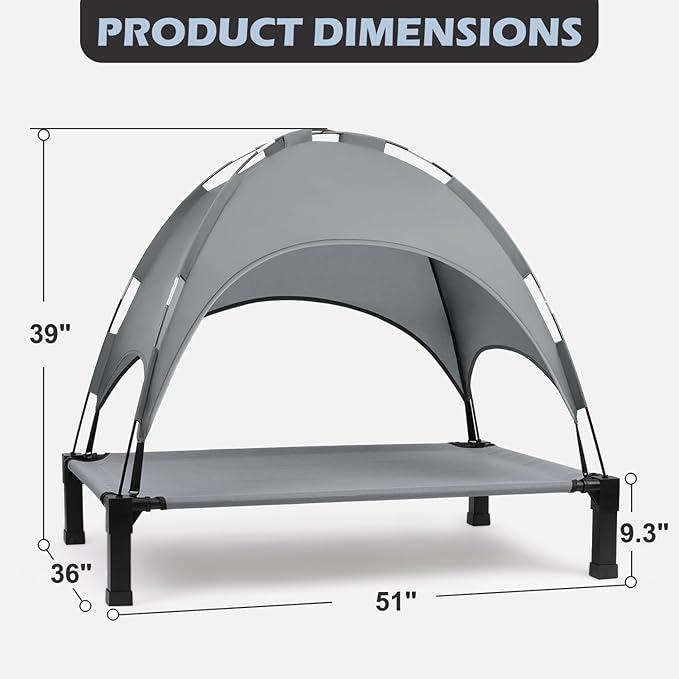 Heeyoo Elevated Dog Bed with Canopy, Outdoor Dog Bed Cot with Removable Shade Tent, Portable Raised Pet Cot Cooling Bed for Dogs and Cats, Grey, 51" x 36"