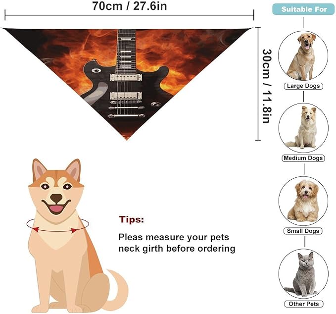 Dog Bandana Spring Pet Scarf Adjustable Triangle Rock Guitar Printing Dog Bib Washable Polyester Puppy Bandana for Small Medium Large Dogs Cat Birthday Party Supplies