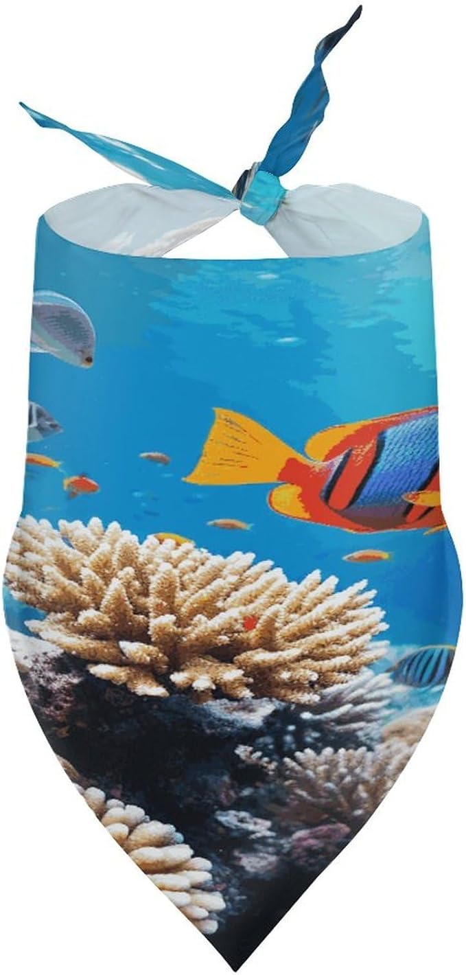 Dog Bandana Spring Pet Scarf Adjustable Triangle Ocean Tropical Fish Coral Printing Dog Bib Washable Polyester Puppy Bandana for Small Medium Large Dogs Cat Birthday Party Supplies