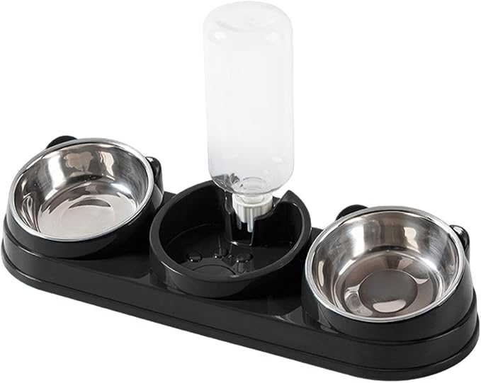 Elevated Double Bowl Pet Feeders with Automatic Water Dispenser Antislip Base for Dog Cats Daily Feeding Watering Supply - Black - Steel Bowl