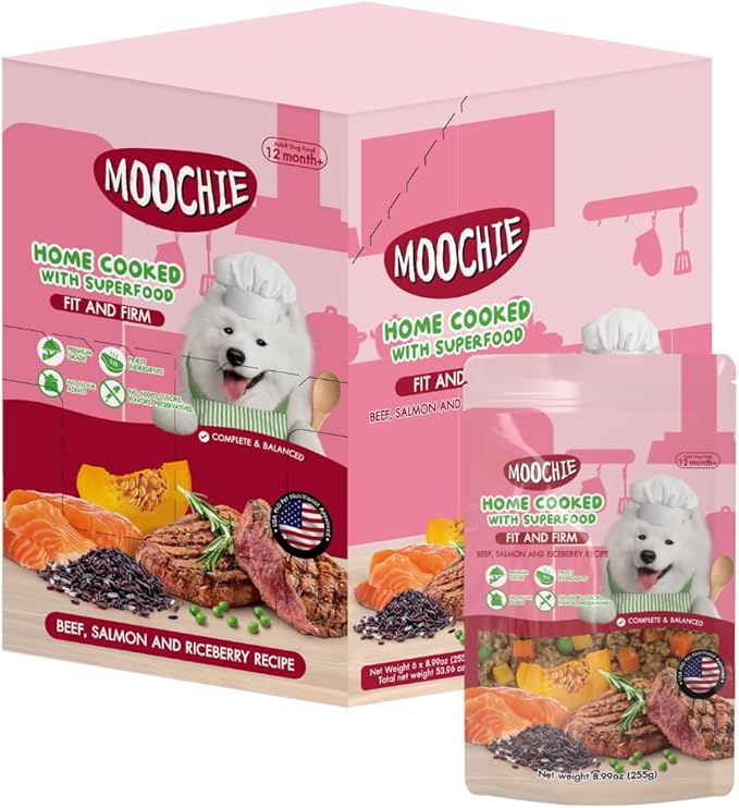 MOOCHIE Home Cooked Superfood Wet Dog Food - Fit & Firm - Beef, Salmon & Riceberry - No Artificial Flavors or Preservative - 6 x 9 oz Pouch