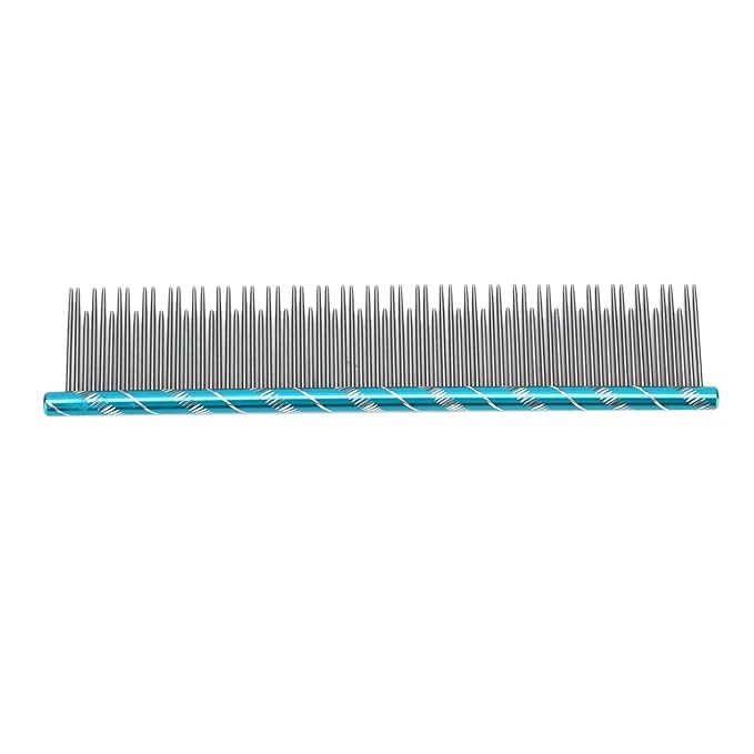 Pet Hair Removal Comb, Stainless Steel Cat Grooming Tool, Durable Non Slip Handle - Static Free Teeth, Dual Density Design, Comfortable for All Cat Breeds (Blue)