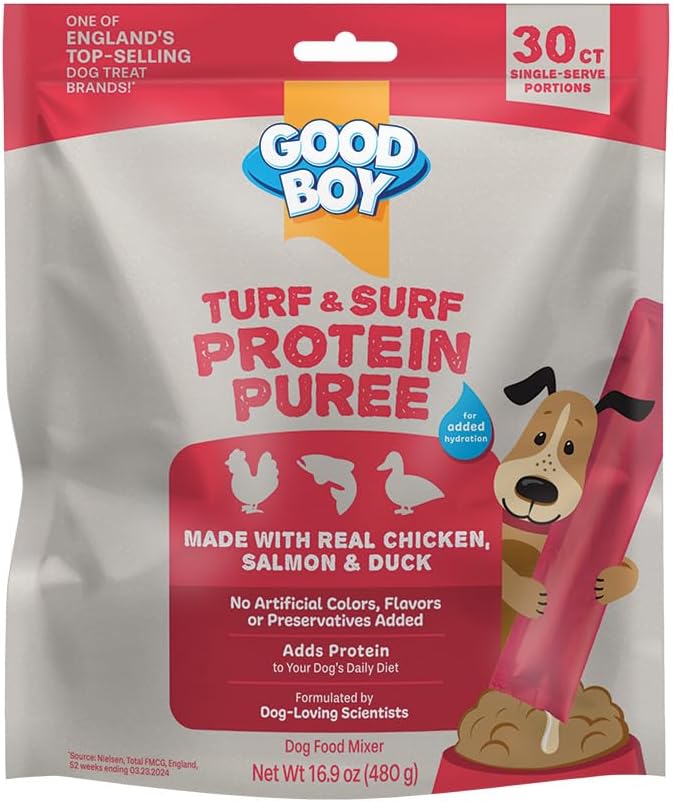 Good Boy Turf & Surf Protein Purees Dog Food Mixers for All Adult Dogs, 30 Count, Easy Single-Serve Triple Flavor Topper Treats with Chicken, Salmon and Duck