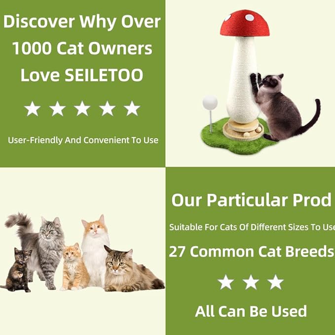 Mushroom Cat Scratching Post, Mushroom Cat Tree with Interactive Ball Track Spring Ball Cat Toys, Cute Cat Scratching Post for Indoor Kittens Adults, 100% Sisal Covered