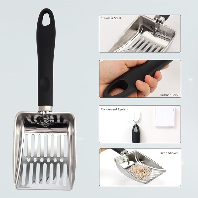 Cat Litter Scoop,Metal Cat Litter Scoop,Stainless Steel cat Litter Scoop with Non-Slip Handle,Poop Sifting,Kitten Pooper Lifter,for Litter Box