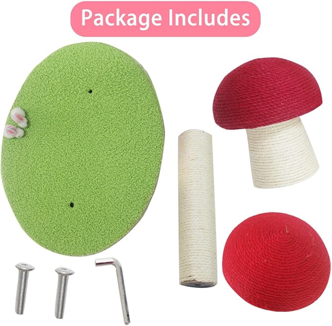 Red Mushroom Cat Scratching Post, Kitten Post Scratcher, Big 16in Base, Mushroom Cat Tree, Natural Sisal Scratching Poles with Interactive Toy Ball, Cute Furniture Scratching Posts for Indoor Cats