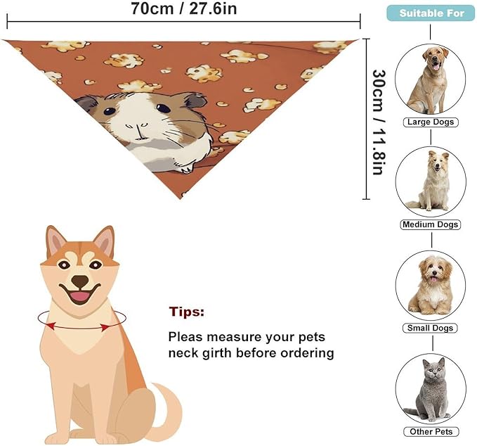 Dog Bandana Spring Pet Scarf Adjustable Triangle Guinea Pig and Popcorn Printing Dog Bib Washable Polyester Puppy Bandana for Small Medium Large Dogs Cat Birthday Party Supplies