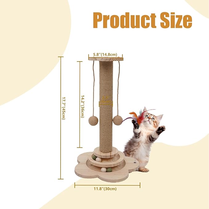 4-in-1 Wooden Cat Scratcher Toy,Cat Scratching Post&2-Level Track Tower With 8 Balls&2 Sisal Ball&2 Cat Wand Toy,Indoor Cat Activity Center For Cats Of All Ages And Body Types (11.8"L x 11.8"W x 19"H)