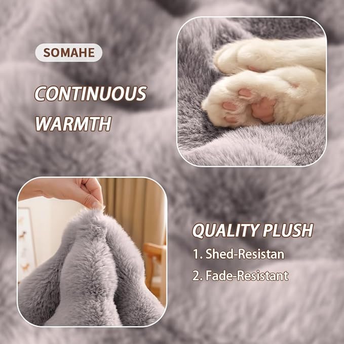 Plush Faux Fur Pet Bed Mat with Non-Slip Bottom, Self-Warming Cat Bed, Washable Pet Bed with Pillow for Cats & Medium Dogs, Machine Washable, 27x20 Inch, Grey
