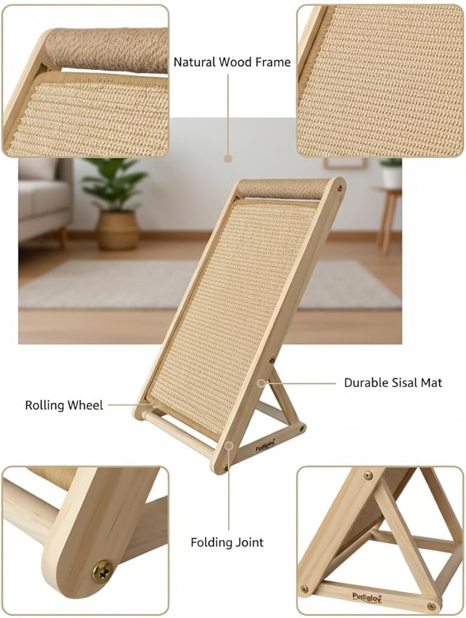 Cat Scratching Pad with 100% Sisal, Stable Triangle Design, 2-Step No-Tool Assembly, 22" Wooden Ramp to Protect Furniture & Sofa, Natural Incline Board for Indoor Cats (Beige)