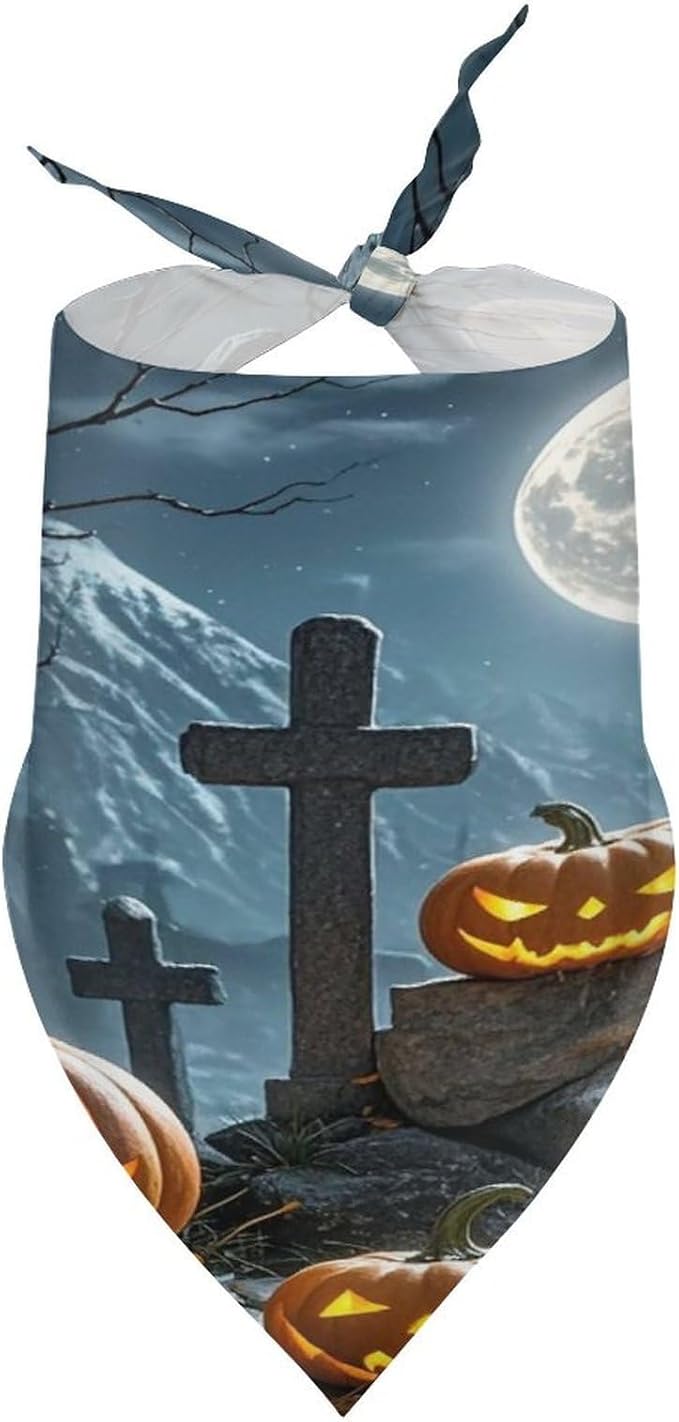 Dog Bandana Spring Pet Scarf Adjustable Triangle Cemetery Pumpkin Lantern Printing Dog Bib Washable Polyester Puppy Bandana for Small Medium Large Dogs Cat Birthday Party Supplies