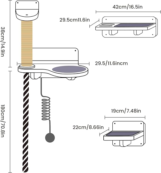 Cat Wall Shelves, Large Wall-Mounted 6-in-1 cat Furniture Set (Climbing Rope+Sisal Scratching Post+Macrame Resting Hammock+Interactive Toys Ball+Feeding Bowls Station+3 Wall Steps) for Indoor Kitties