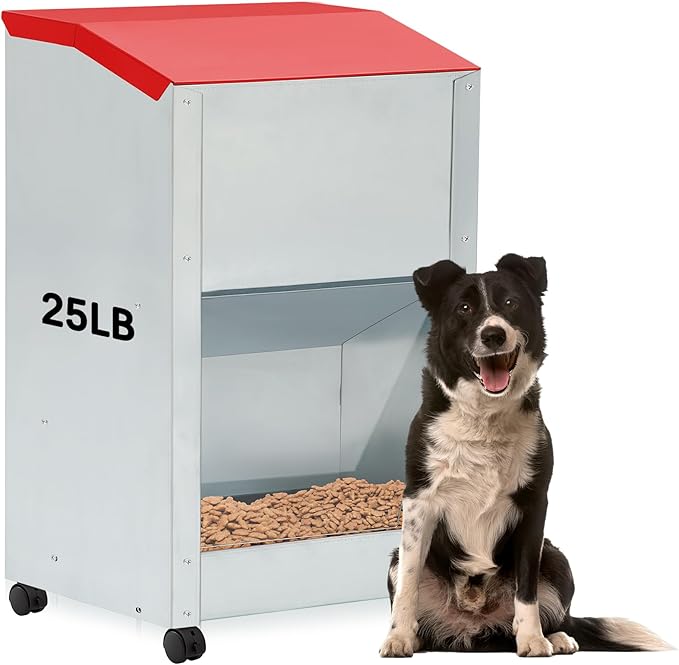 25 lb Automatic Dog Feeder for Large Breed with Wheels Galvanized Gravity Dog Food Dispenser Outdoor Pet Self Feeding, Easy to Move with Rolling Wheels