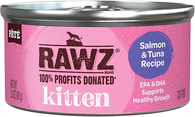 Rawz Natural Premium Kitten Pate Canned Cat Wet Food -12 Pack Cans Variety Flavor Pack -4 Flavors - (Salmon, Chicken, Tuna, Beef) Pets Can Lid - (2.8 oz Cans)