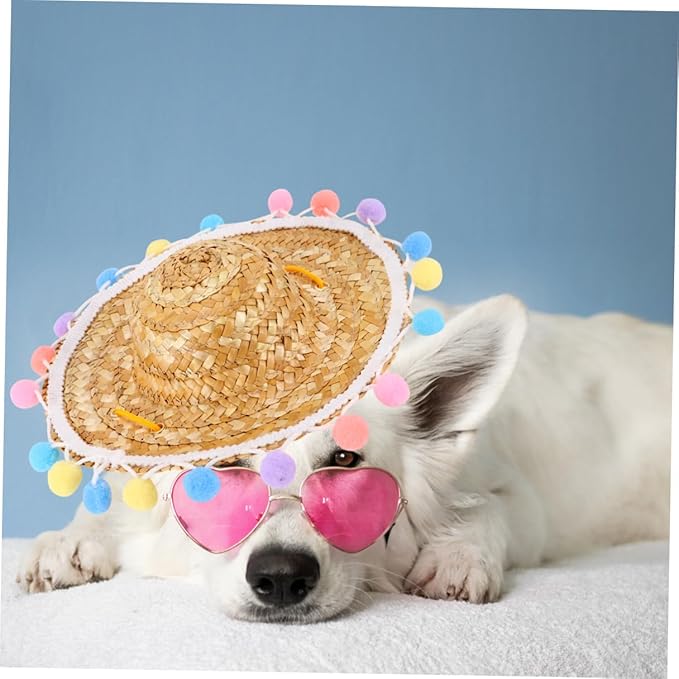 VICASKY Pet Straw Hat with Lace Pattern Small Woven Straw Cap Funny Photo Prop Decorative Hat for Dogs Puppy Pet Supplies