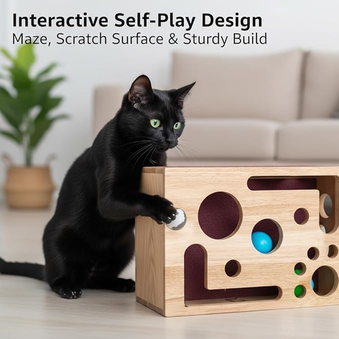 Cat Scratch Puzzle Enrichment Box-Wooden Sandpaper Surface for Indoor Cats