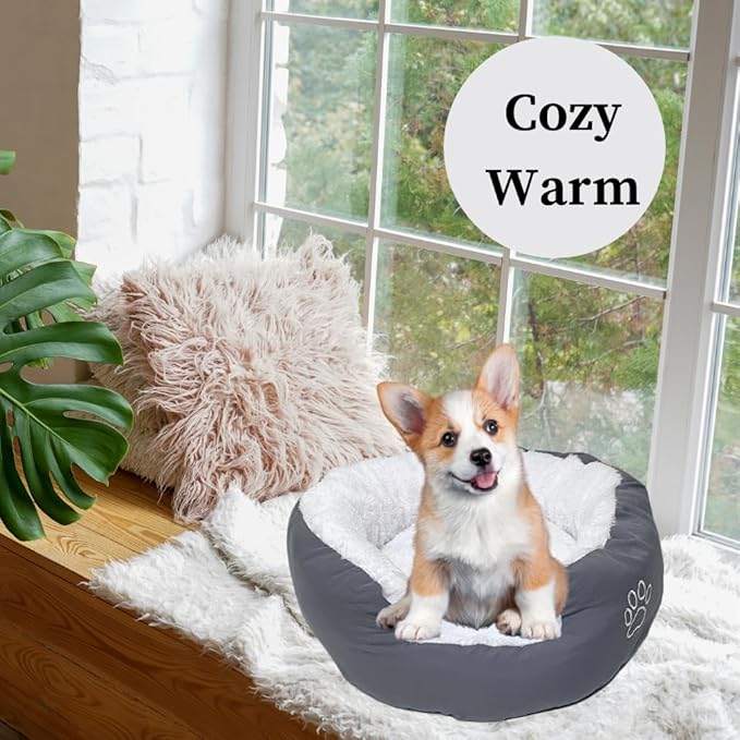 Evelots Calming Donut Cat Bed - Warm Pet Bed for Cats and Small Dogs - Anti-Anxiety Cozy Cuddler - Removable Soft Plush Cushion - Machine Washable - Non-Slip Bottom - Grey