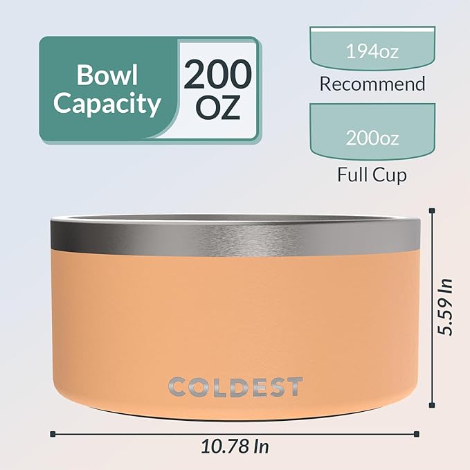 Coldest Dog Bowl - Anti Rust Metal, Non Slip, 3 Layers Insulated Stainless Steel Dog Bowls - Spill Proof & Heavy Duty - Water Bowl for Dogs, Cats & Pets, Dish Washer Safe (200 oz, Sahara Peach)