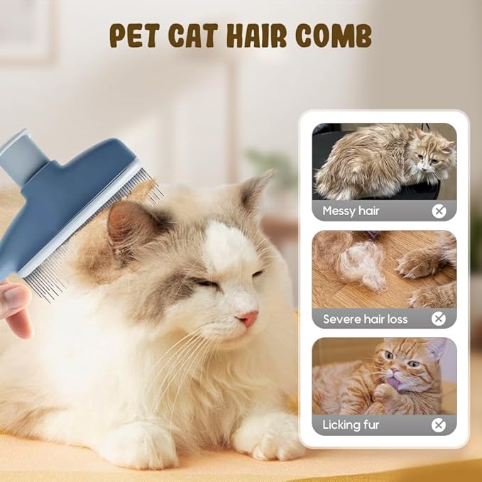 Flea Comb for Cats & Dogs, 2025 New Pet Hair Removal Comb with Release Button, Pet Grooming Brush Cat Dog Combs, Self-Cleaning Cat Brush for Short and Long Hair Cats (Yellow)