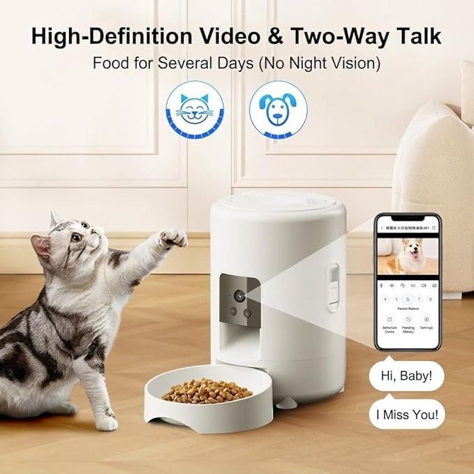 2L Smart Automatic Pet Feeder with HD Video Camera and Two-Way Audio, 2.4GHz WiFi App Control Dog and Cat Food Dispenser with Anti-Sticking Design, Dual Power Supply (White (WiFi Version))