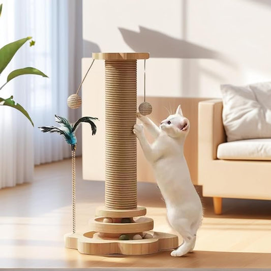 Cat Scratching Post, Interactive Feather Toy and 2 Sisal Hanging Balls for Indoor Kittens, Adult Cats- 18'' Height, 11'' Base, Natural Sisal Fiber & Sturdy Design.