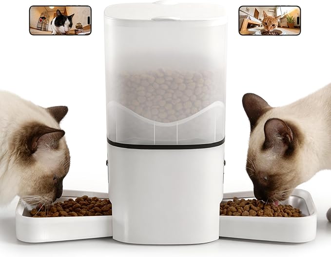 Automatic Cat Feeder with Dual HD Cameras for 2 Cats, 5G/2.4G WiFi Smart Pet Feeder with Night Vision, APP Control, Portion & Schedule Feeding, Multi-Pet Auto Food Dispenser-6L