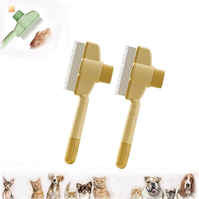 Pet Hair Removal Comb Flea Comb, 2025 Cat Dog Brush for Massaging and Cleaning Shedding Pet Hair,New Cat Brush with Release Button,Pet Grooming Brush for Short&Long Hair(Beige+Beige)