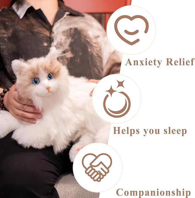 Chongker Interactive Companion Robot Cat Pets, White Cat Stuffed Animals with Small Scarf & Comb, Voice Response, Realistic Heartbeat, Purring Sounds, Gifts for Parents, Seniors, Adults