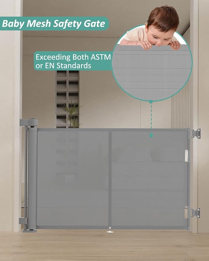 50 inch Retractable Baby Gates 34 inch Tall, Retractable Gate with Reinforced Strip Design to Prevent Crawling Through, Retractable Dog Gate for Stairs, Doorways, Hallways