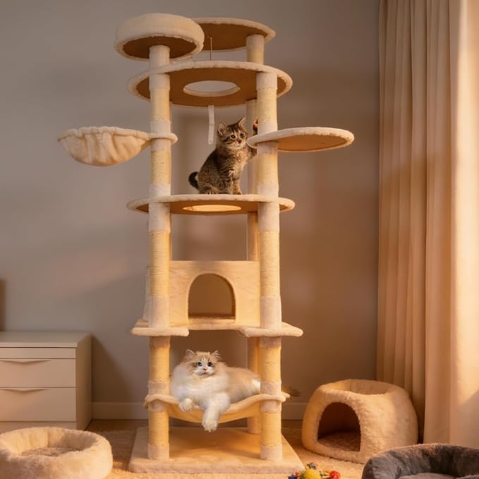 78.8 Inches Cat Tower for Indoor Cats, Cute Cat Tree with Cozy Condo, Platform, Hammock, Sisal Scratch Board and Interactive Toy (Beige)