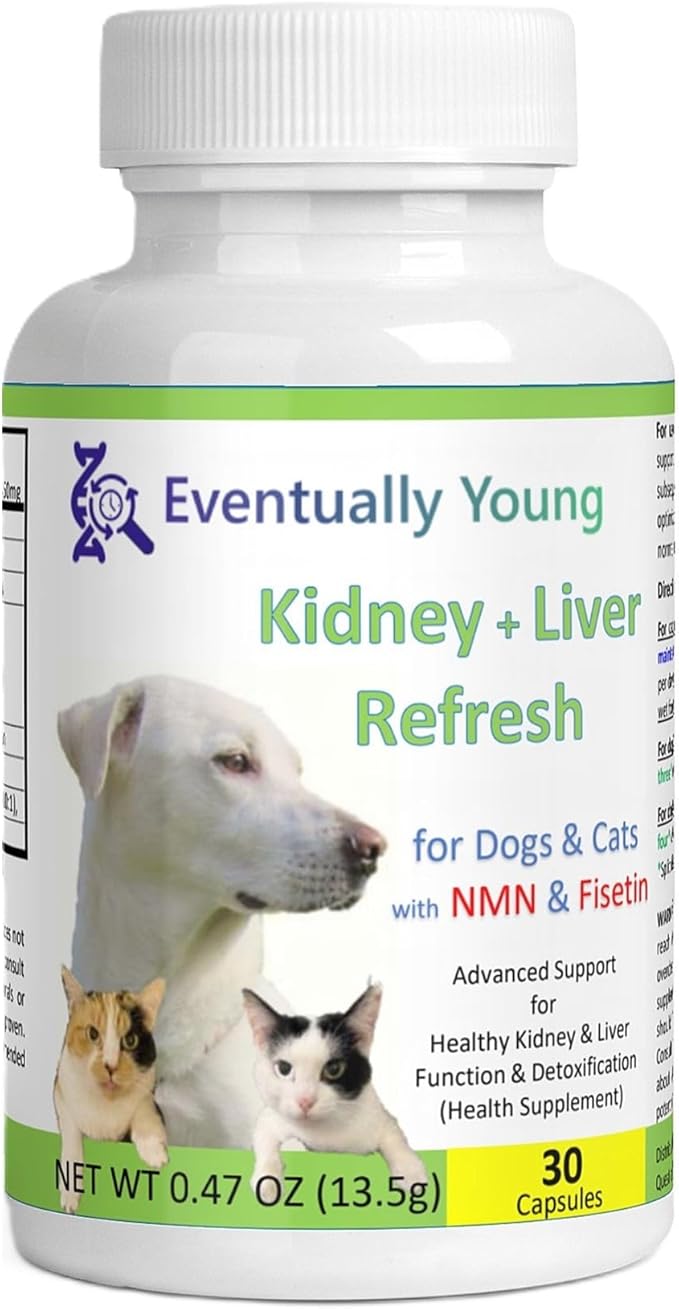 𝗘𝘃𝗲𝗻𝘁𝘂𝗮𝗹𝗹𝘆 𝗬𝗼𝘂𝗻𝗴 12-in-1 CKD Kidney & Liver Support Restore for Cats & Dogs: Advanced Phosphate Binder w/NMN, Fisetin, Antioxidants, Prebiotic & Probiotic (30 Caps)